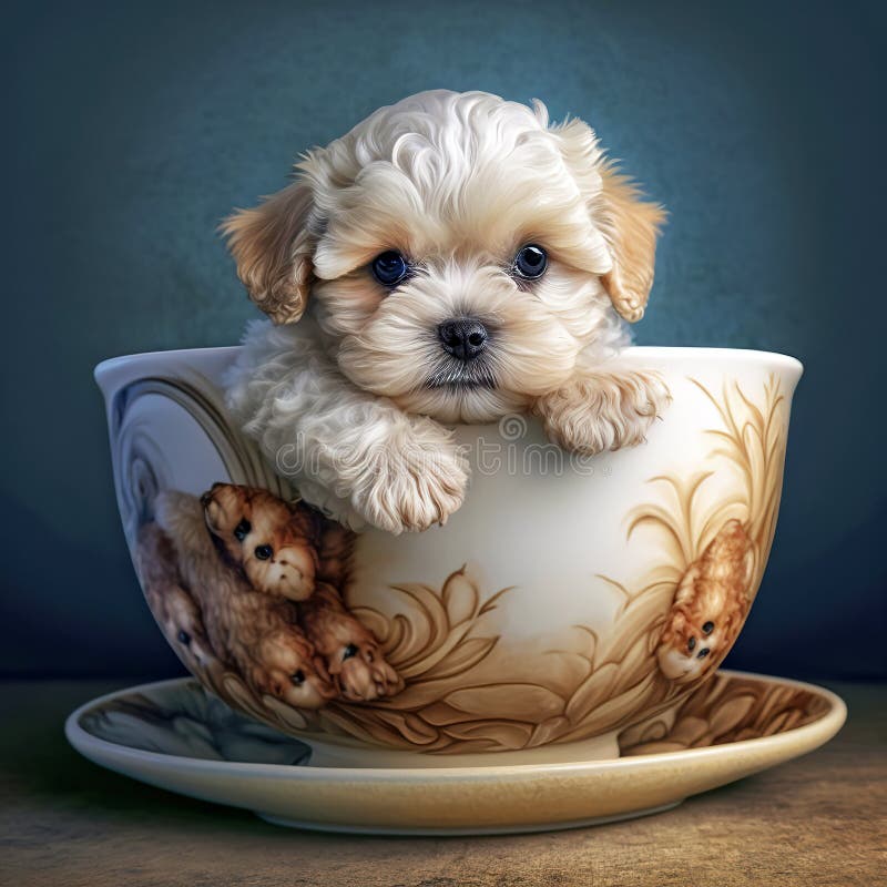Miniture Maltipoo Puppy in a Tea Cup Ai Generative Stock Illustration