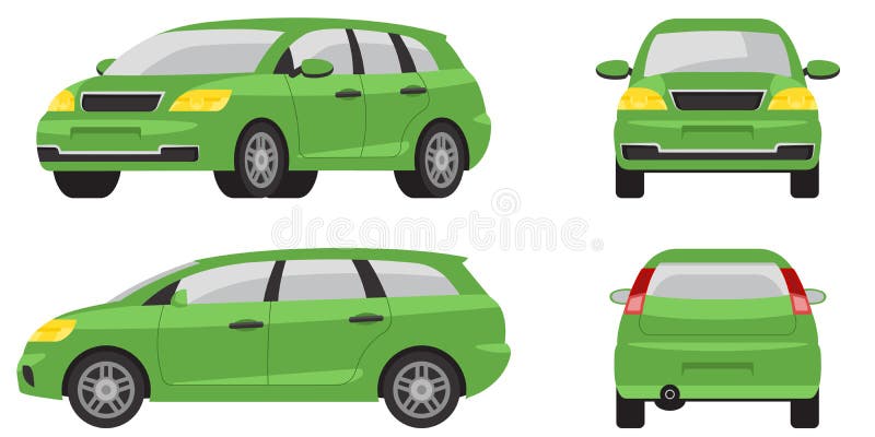 Minivan in different angles. Green automobile in cartoon style. Minivan in different angles. Green automobile in cartoon style