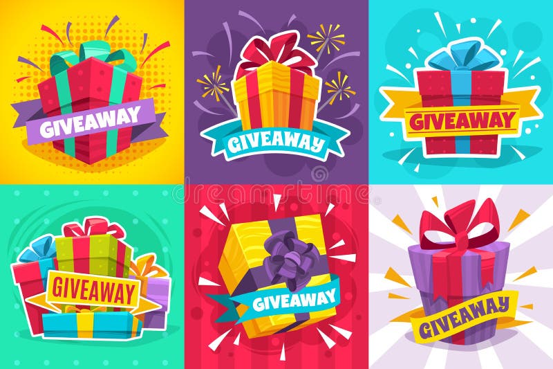 Giveaway winner poster. Gift offer banner, giveaways post and winner reward in contest, prize in boxes with ribbons flyer design vector give away game typography template set. Giveaway winner poster. Gift offer banner, giveaways post and winner reward in contest, prize in boxes with ribbons flyer design vector give away game typography template set