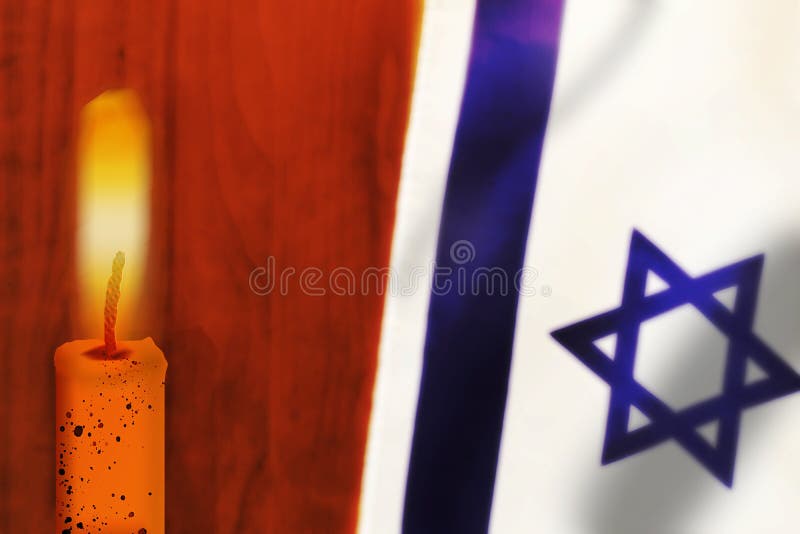 Memorial Day Israel. Holocaust Remembrance Day or Memorial Day for Fallen Soldiers and Victims of Hostile Acts. In the foreground is a burning funeral candle, background - blurred Flag of Israel, wood. Memorial Day Israel. Holocaust Remembrance Day or Memorial Day for Fallen Soldiers and Victims of Hostile Acts. In the foreground is a burning funeral candle, background - blurred Flag of Israel, wood