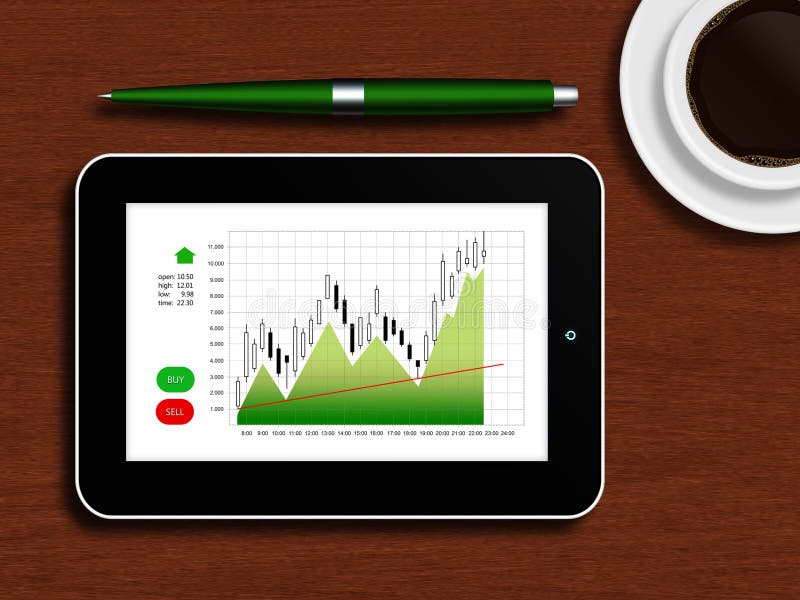 Tablet with the stock chart lying on a wooden table with a cup of coffee and pen. Tablet with the stock chart lying on a wooden table with a cup of coffee and pen