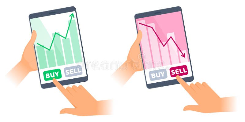 The hands are holding a tablets with stock quote charts on the screens. The fall and increase in the shares price graphs. The trader`s computers, sell, buy buttons. Business flat concept illustration. The hands are holding a tablets with stock quote charts on the screens. The fall and increase in the shares price graphs. The trader`s computers, sell, buy buttons. Business flat concept illustration.
