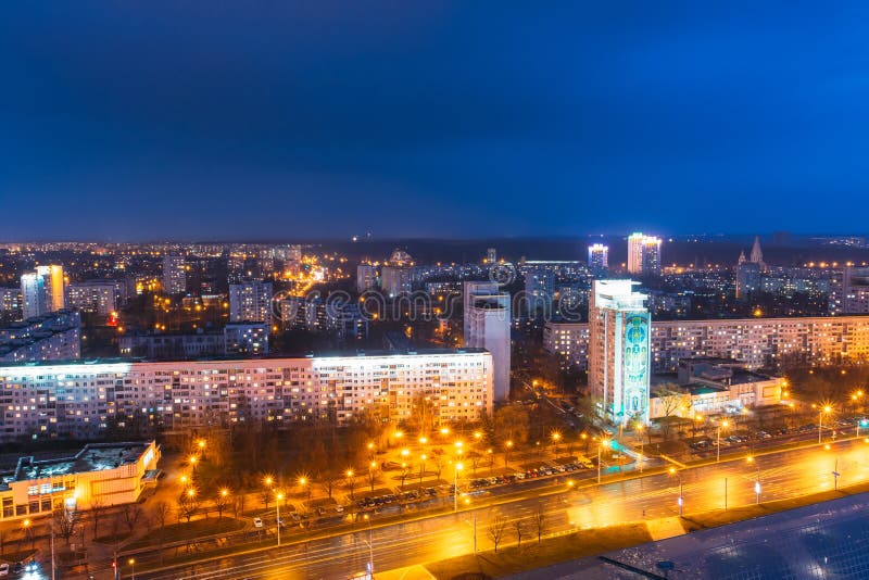 Minsk, Belarus. Aerial View Cityscape in Bright Blue Hour Evening Stock ...