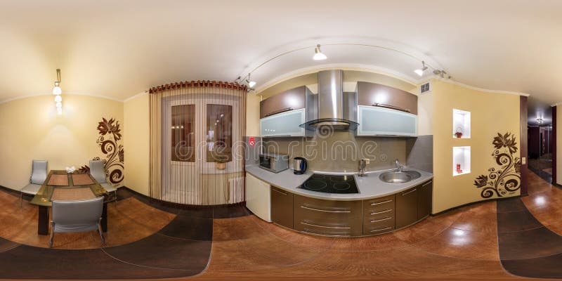 MINSK, BELARUS - DECEMBER 5, 2012: Full 360 panorama in equirectangular spherical equidistant projection in interier modern loft stock photography
