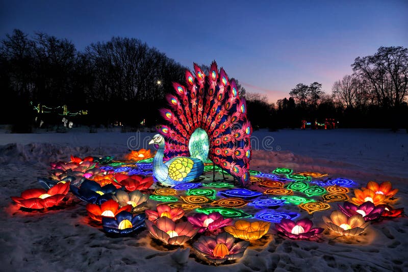 Light Show of Chinese Lanterns in a Botanical Garden Stock Photo