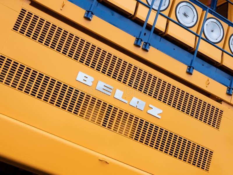 Minsk, Belarus - 24 September 2022: Emblem of biggest haul truck or mining dump truck BelAZ royalty free stock photo