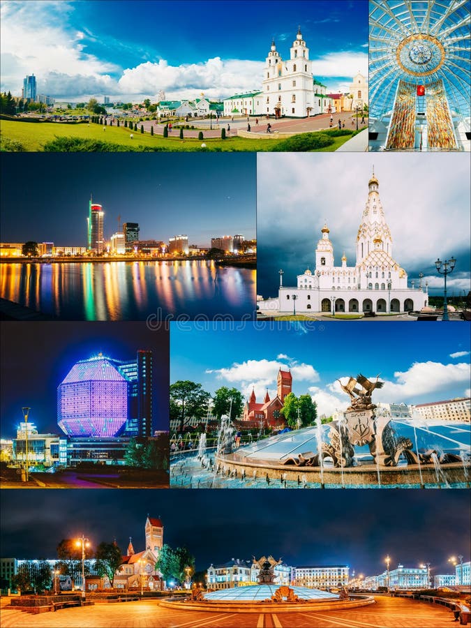 Minsk, Bielorrusia Collage con muchos famosos monumentos locales en la capital bielorrusa Iglesia Roja, Biblioteca Nacional, Sant fotos de archivo libres de regalías Minsk, Bielorrusia Collage con muchos famosos monumentos locales en la capital bielorrusa Iglesia Roja, Biblioteca Nacional, Sant fotos de archivo libres de regalías