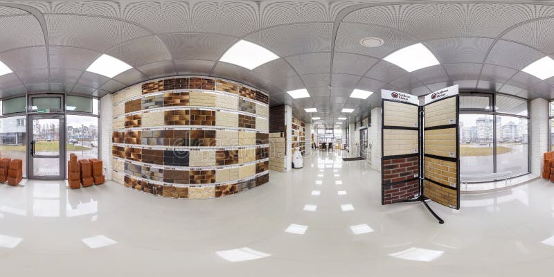 MINSK, BELARUS - APRIL, 2017: full seamless panorama 360 degrees angle view in interior elite luxury store of ceramic tile and bricks in equirectangular spherical projection. ar vr content. MINSK, BELARUS - APRIL, 2017: full seamless panorama 360 degrees angle view in interior elite luxury store of ceramic tile and bricks in equirectangular spherical projection. ar vr content