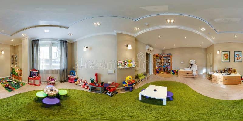 MINSK, BELARUS - SEPTEMBER 11, 2016: Full 360 panorama in equirectangular spherical projection in stylish beauty child room. Photorealistic VR content. MINSK, BELARUS - SEPTEMBER 11, 2016: Full 360 panorama in equirectangular spherical projection in stylish beauty child room. Photorealistic VR content