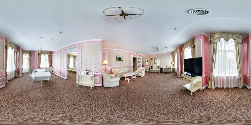 MINSK VITRYSSLAND - JULI, 2016: Full sömlös sfärisk panorama för 360 grad vinkelsikt i inre av modernt gästrum av hotellet in fotografering för bildbyråer MINSK VITRYSSLAND - JULI, 2016: Full sömlös sfärisk panorama för 360 grad vinkelsikt i inre av modernt gästrum av hotellet in fotografering för bildbyråer