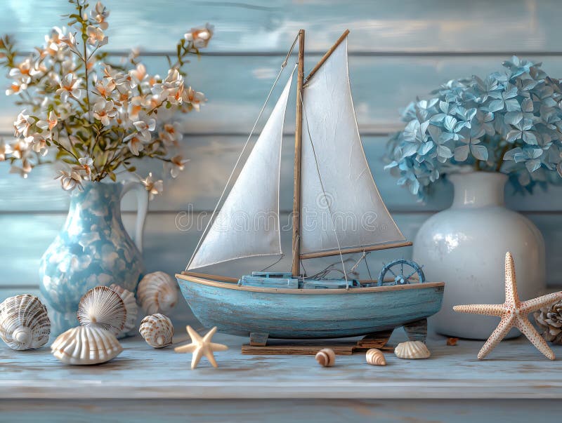 Minsta invändiga dekoration med en modell av ett pastblått segelfartyg på en trähylla. generativ ai. Minimalistisk inre dekoration med en modell av ett pastblått segelfartyg på en trähylla med stjärnfiskskal och vaser av känsliga blommor.