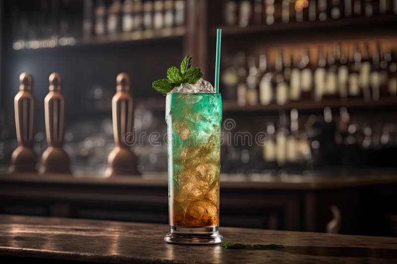 A Mint Adorned Long Island Ice Tea Cocktail in a Close Up Against a