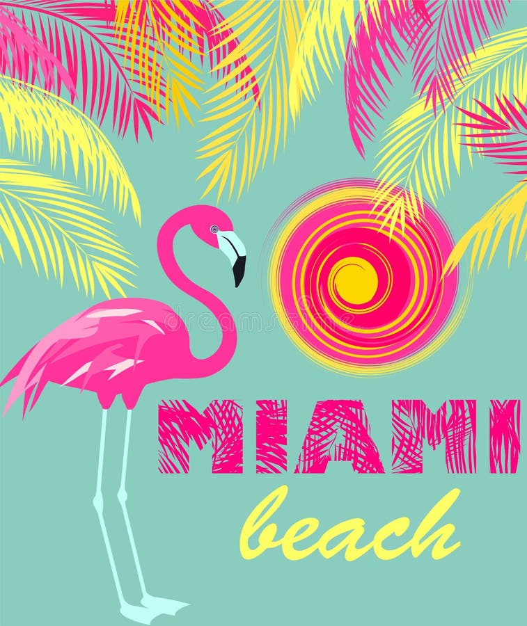 Mint color poster with Miami beach lettering, sun, pink and yellow palm leaves and flamingo. Art deco style vector illustration Mint color poster with Miami beach lettering, sun, pink and yellow palm leaves and flamingo. Art deco style vector illustration