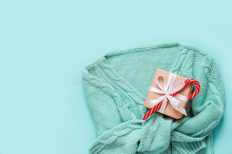 Mint Green Pullover with Gift Box Zero Waste Decorated. Holiday Concept