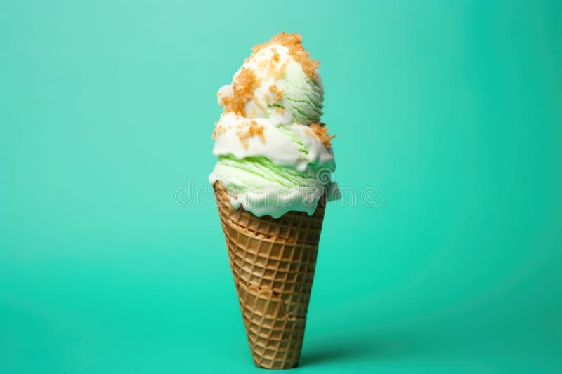 A mint ice cream cone shot against a turquoise background stock image