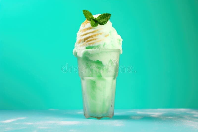 A mint ice cream cone shot against a turquoise background stock photo