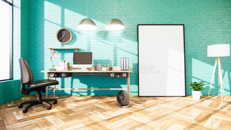 Mint mock-up scène office in kantoor 3d rendering stock illustratie