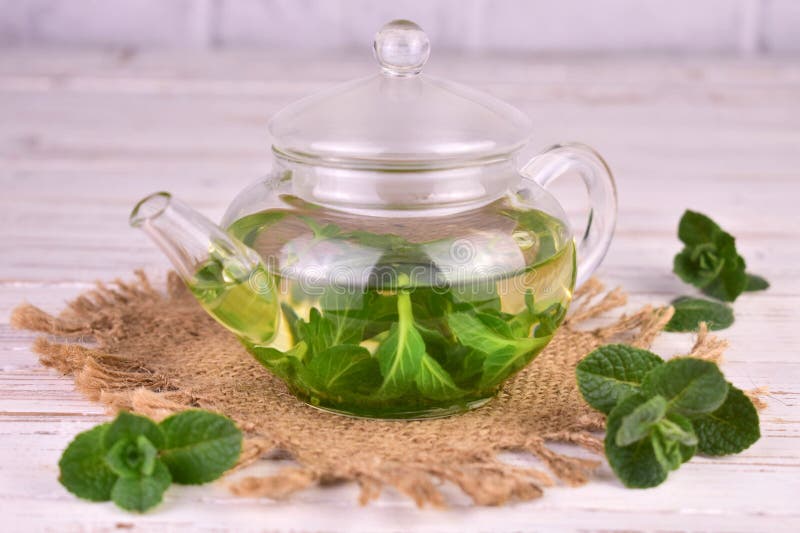 Mint Tea with Fresh Mint Leaves in a Glass Teapot.Closeup. Stock Image