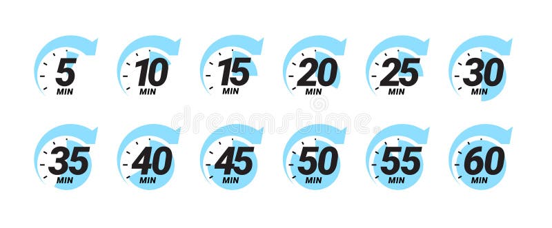 Minute timer icons set. Color signs chronometer, time counter. Countdown timer showing minutes. Deadline or recommended, measurement for cooking. Vector illustration