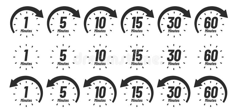 Minuten-Zeitsymbol Analoguhr Icons, 1 5 10 15 30 60 minütige Uhren und Minuten vor Zeichen Vektor Set vektor abbildung