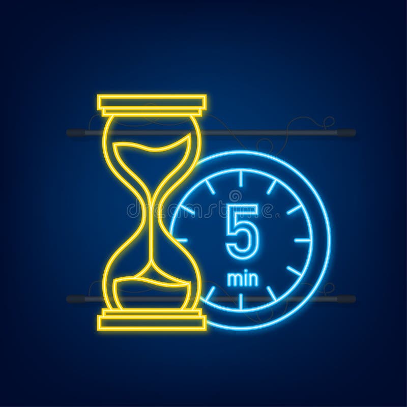 The 5 minutes, stopwatch vector neon icon. Stopwatch icon in flat style, timer on on color background. Vector