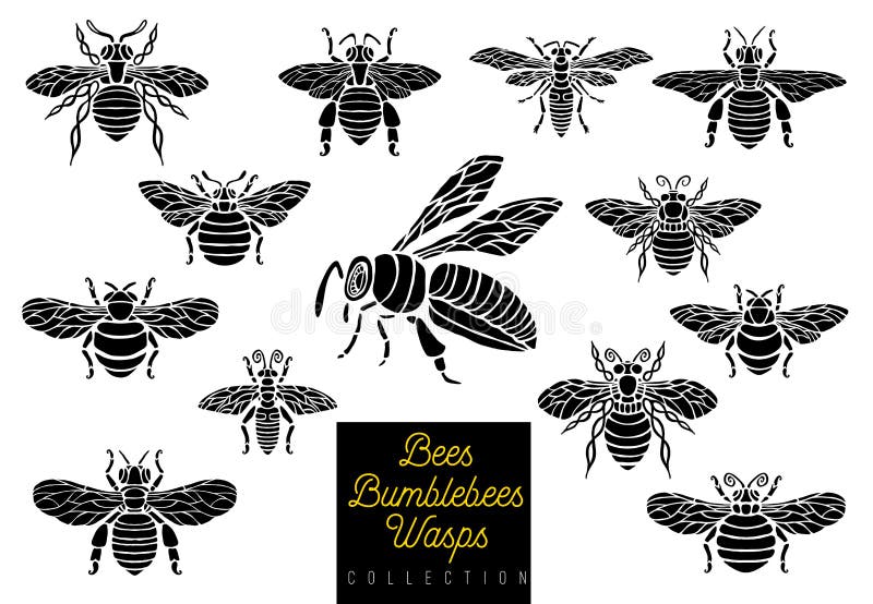 Miodowe pszczół bumblebees osy ustawiać kreślą stylowych monochromatycznych inkasowych wszywek skrzydeł emblemata symbole