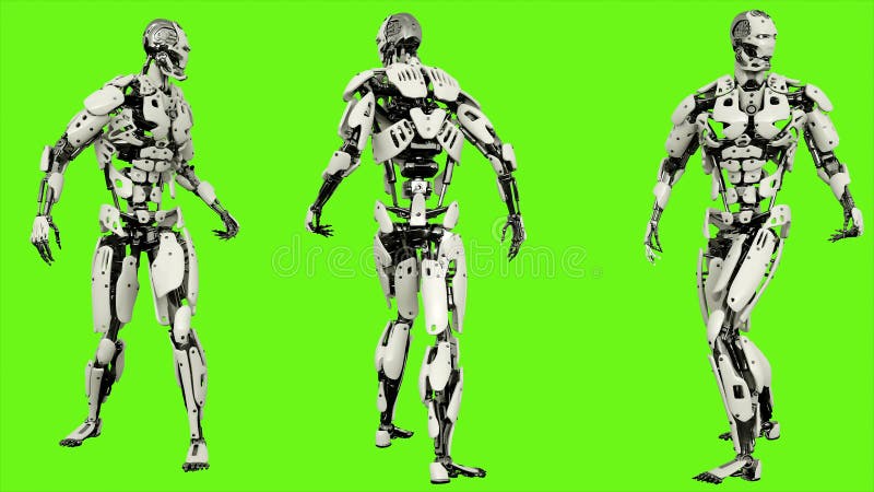 Mirada androide del robot detrás Movimiento realista en la pantalla verde representación 3d ilustración del vector Mirada androide del robot detrás Movimiento realista en la pantalla verde representación 3d ilustración del vector