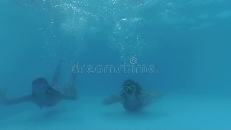 Mirada feliz en la cámara, lanzamiento subacuático de Dive In Swimming Pool de dos muchachas