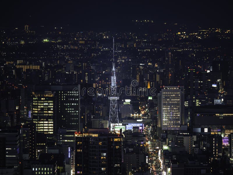 Mirai Tower Nagoya Landmark Chubu Nagoya Cityscape night view Travel japan : Nagoya Japan Apr 11 2025 royaltyfri bild