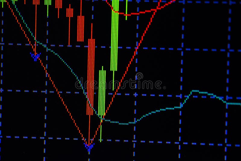 Mirez le diagramme de graphique de bâton avec l'indicateur montrant le point à la hausse ou le point à la baisse, vers le haut de la tendance ou vers le bas de la tendance du prix du commerce de marché boursier ou de bourse des valeurs, de l'investissement et du concept financier