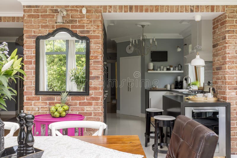 Mirror in interior with table stock photos Mirror in interior with table stock photos