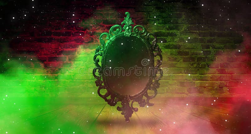 Mirror magical, fortune telling and fulfillment of desires. Brick wall with thick smoke