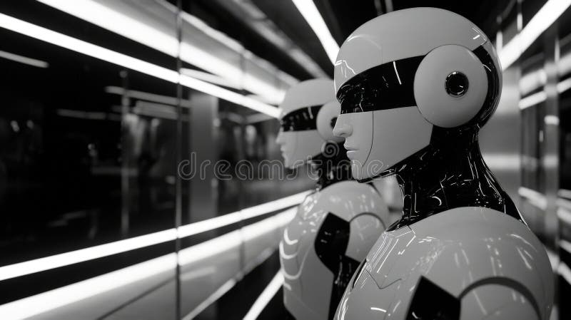 Mirror reflection of futuristic robots in a sleek hallway. AI-generated image of two identical futuristic robots standing in a sleek hallway with mirrors, creating a symmetrical reflection. The glossy white and black robotic design emphasizes technology and precision. AI generated.
