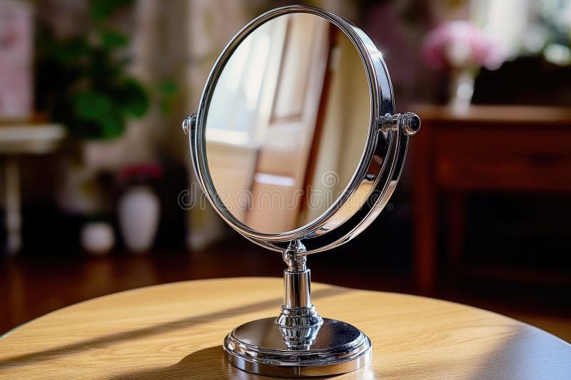A mirror sits atop a wooden table in a simple setup stock photography