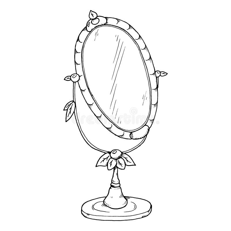 Mirror Sketch. Vector Illustration of a Table Mirror. Vintage Mirror