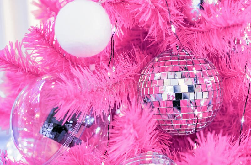 Mirrored Disco Balls on a Pink Christmas Tree Stock Image Image of party, reflection 203614699