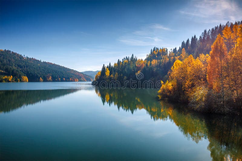 Mirroring multicolored trees on the lake.