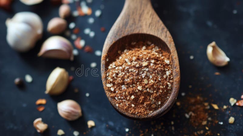 Miscela di spezie marroni con cucchiaino di legno con aglio illustrazione vettoriale