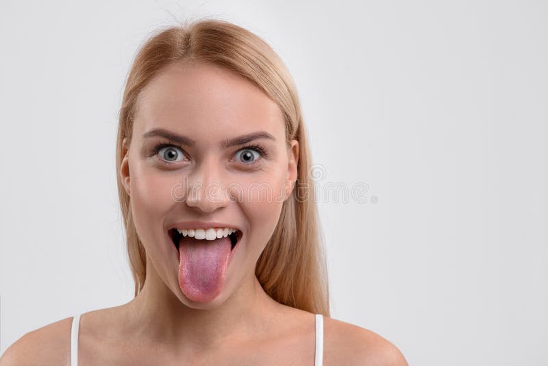 Woman Shows Tongue Model With Sticking Tongue Out Girl Showing Tongue Emotional Mouth With 
