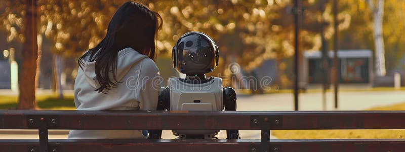 Mischung aus Menschlichkeit und künstlicher Intelligenz, intimer Moment einer Frau und eines Roboters, der Seite an Seite sitzt stock abbildung