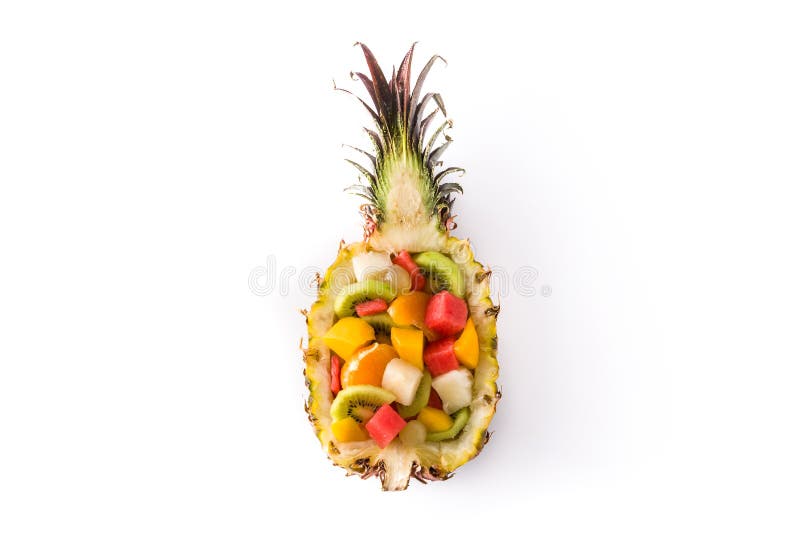 Mischungsfrucht gedient innerhalb der Ananas lokalisiert auf weißem Hintergrund lizenzfreies stockfoto Mischungsfrucht gedient innerhalb der Ananas lokalisiert auf weißem Hintergrund lizenzfreies stockfoto