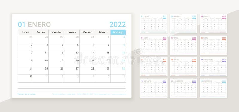 Calendrier Espagnol 2022, 2023, 2024, 2025, 2026, 2027, 2028, 2029, 2030  Ans. Modèle De Poche Simple. Illustration Vectorielle.