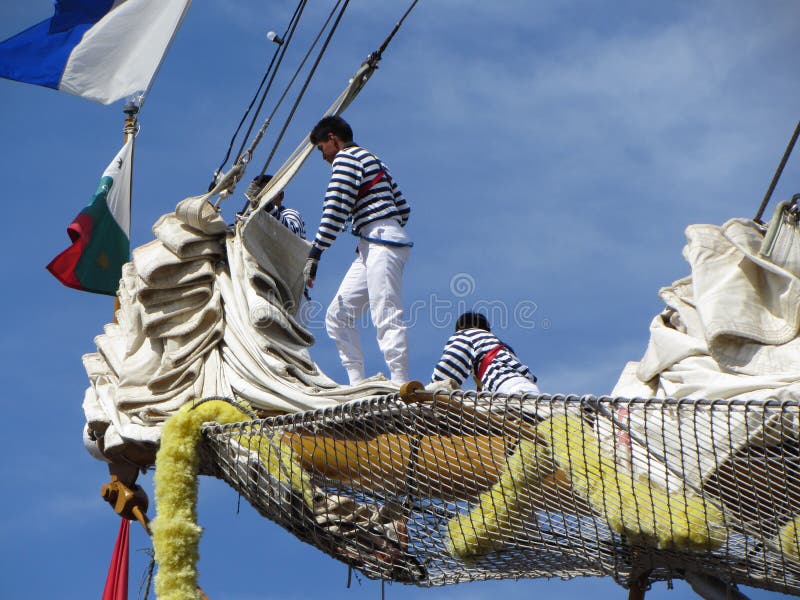 Photo of crew of tall mast ship called the cuauhtemoc putting away the sails in baltimore maryland on 6/13/12 for the bicentennial sailabration event. The cuauhtemoc was built for the mexican navy in 1982 The sailabration is a week long event that celebrates the victory of the war of 1812 in which the united states successfully defended fort mchenry against the british naval forces. Photo of crew of tall mast ship called the cuauhtemoc putting away the sails in baltimore maryland on 6/13/12 for the bicentennial sailabration event. The cuauhtemoc was built for the mexican navy in 1982 The sailabration is a week long event that celebrates the victory of the war of 1812 in which the united states successfully defended fort mchenry against the british naval forces.