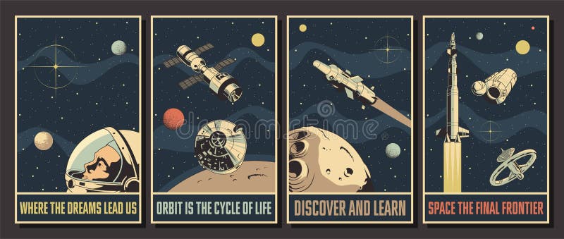 Misje kosmiczne - zestaw plakatów retro styl przyszłości