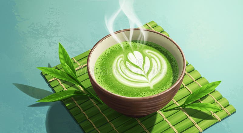 Miska parowa herbaty zielonej matcha z białą latte sztuki siedzi na zielonym bambusu ilustracja wektor