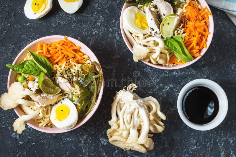 Miso Ramen Asian Noodles in Bowls on Dark Stone Background Stock Image ...
