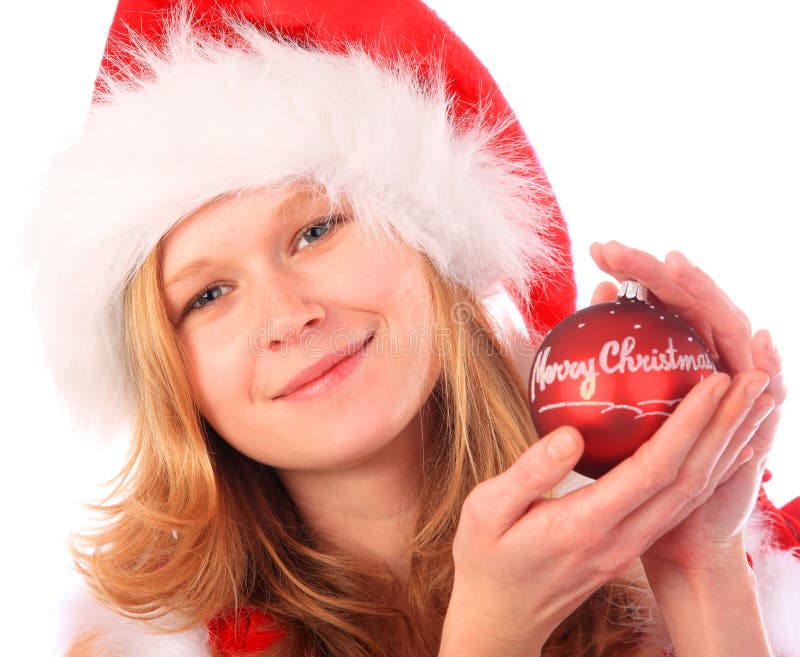 Miss Santa is Holding a Red Christmas Tree Ball