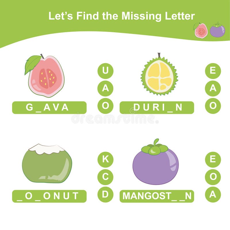 Find the missing letter of the tropical fruits game for Preschool. Educational spelling printable game worksheet. royalty free illustration