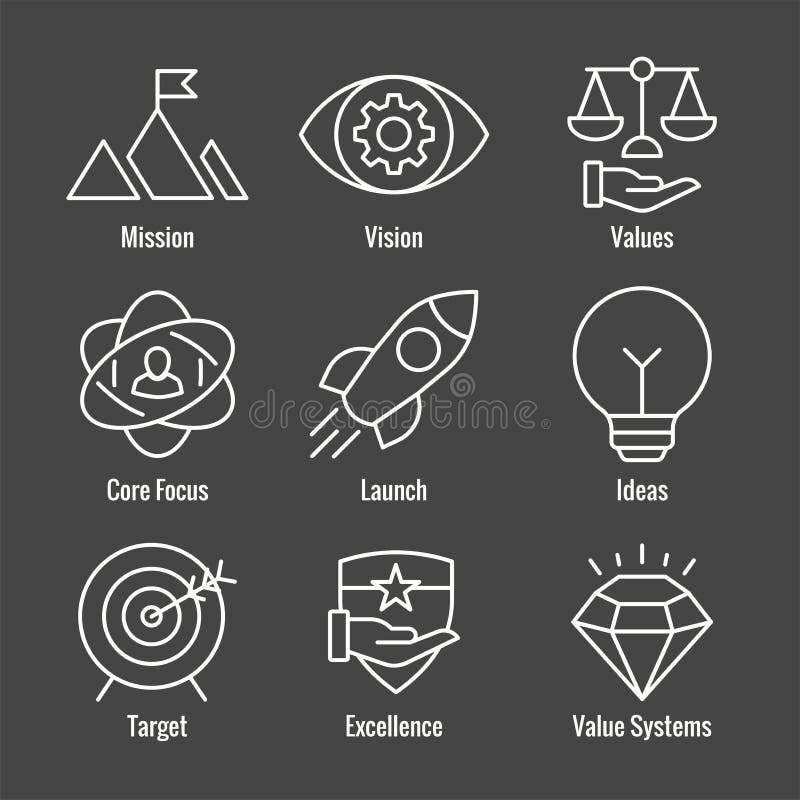 Mission Vision and Values Icon Set W Rocket, Ideas, and Goal Icons