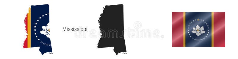 Mississippi. Detailed flag map. Detailed silhouette. New Magnolia flag. Waving flag. Vector illustration